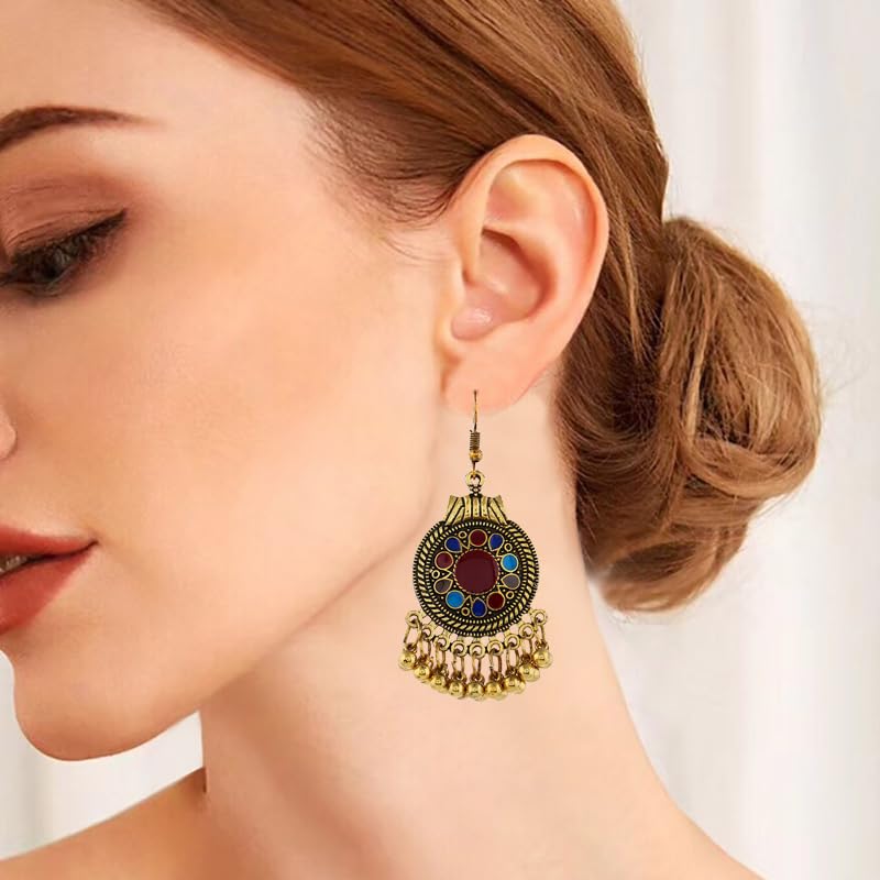 Vintage Boho Statement Drop Dangle Earrings for Women Bohemian Ethnic Handmade Beaded Charms Earring Bohemian Retro Chandelier Tassel Earrings Mexico Gypsy Jewelry Gift - color: Gold Round Red