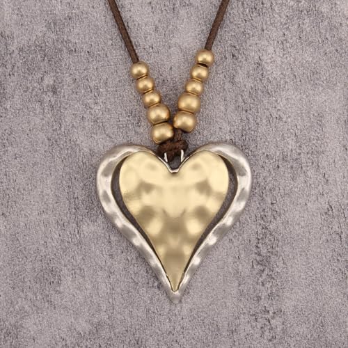 GelConnie Leather Necklaces Turquoise Long Boho Necklaces for Women Brown Chunky Circle Pendant Chocker Necklace Gold Sweater Necklace - style: Large Heart Pendant Necklace
