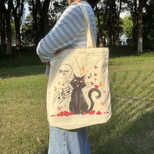 Canvas Tote Bag with Zipper for Women, Aesthetic Tote Bag with Pocket for Vacation, Shopping, Travel, Beach - style: Cat Music-01