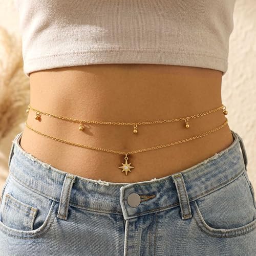 Layered Beads Waist Chain Gold/Silver Sun Belly Chain Bikini Body Chain Women Adjustable Beach Waist Jewelry Accessories - size: Small, style: Gold Sun