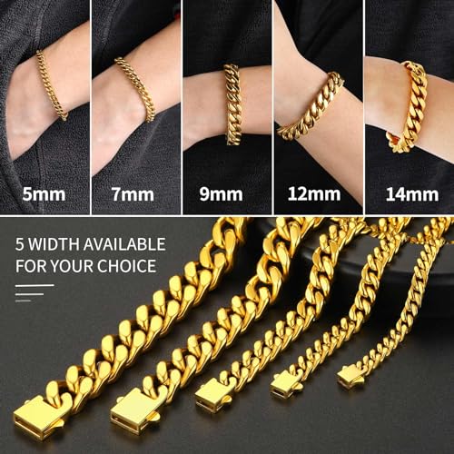 ChainsHouse Stainless Steel Cuban Link Bracelet for Men, 5mm/7mm/9mm/12mm Width, 7.5"/8.3"/9" Length, Black/18K Gold Plated Chain Wrist Bracelets for Men, with Gift Box - color: c. 5mm width-gold, size: 7.5 Inches