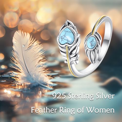 MONGAS Feather Ring 925 Sterling Silver Turquoise Ring Western Jewelry Christmas Gifts for Women