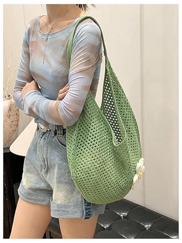 OYOANGLE Women's Floral Applique Crochet Beach Tote Bag Summer Boho Mesh Woven Tote Bag - color: Green