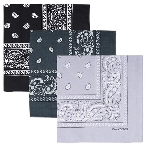 Raylarnia 100% Cotton Large Bandanas for Men and Women, 22 Inch Paisley Bandana with Multiple Colors - color: Black/Dark Gray/Light Gray