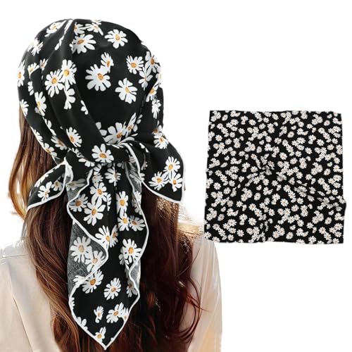 Bandanas for Women Men 21"x21" Floral Headband Scarf Versatile Hair Bandana Square Head Scarf - color: Little White Flowers in Black
