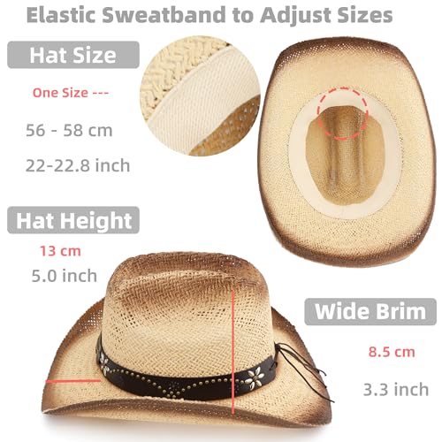 Straw Cowboy Hat, Western Cowgirl Hat, Wide Brim Sun Beach Hat for Men and Women - color: Beige-m28
