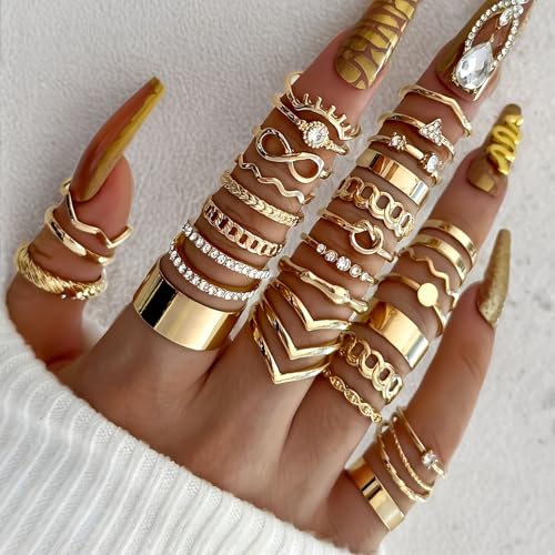 Gold Rings for Women Non Tarnish Stackable Rhinestone Moon Star Rings Dainty Stacking Pearl Butterfly Midi Pinky Thumb Joint Finger Knuckle Ring Set Gold Non Tarnish Jewelry Gifts Trendy Stuff - color: A Gold Stackable Rings 30Pcs