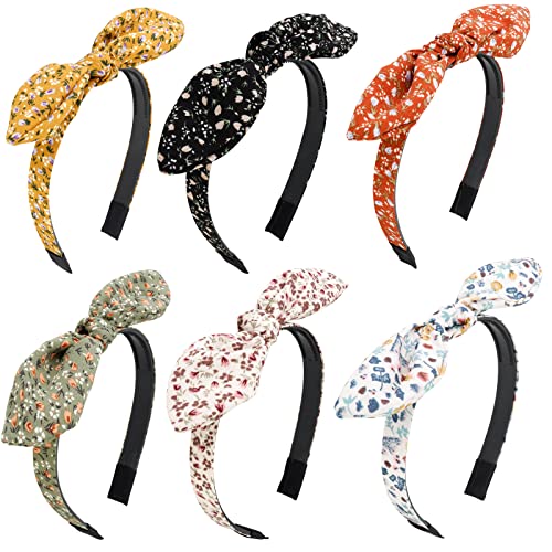 Jaciya Hairband, Non Slip Fashion Knotted Thin Headband with Bow, Cute Top Knot Hair Bands for Women Girls, Bunny Ears Headband, Floral Head Bands Hair Accessories, 6 Pieces - color: flower print