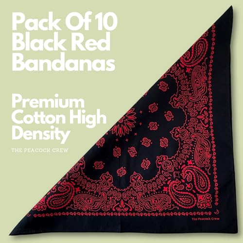 The Peacock Crew Premium Soft Cotton Bandanas Pack for Men and Women Paisley 22 x 22 inches - color: Pack of 10 Black Red