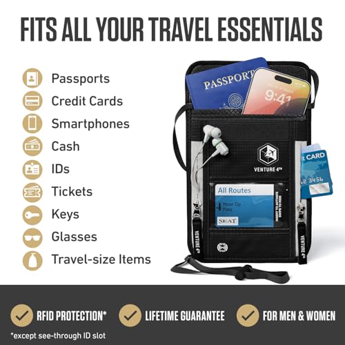 VENTURE 4TH Neck Wallet – RFID Blocking Passport Holder for Travel, Hidden Passport Wallet, Concealed Travel Wallet for Women, Men & Family (Black) - color: Black