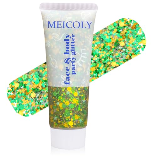 MEICOLY Green and Yellow Hair Glitter,Brazil Body Glitter,Gold Green Hair Sparkle Brasil Face Glitter Makeup for Mardi Gras Carnival Irish Festival Party,Body Glitter Accessories for Women - color: gold and green face glitter