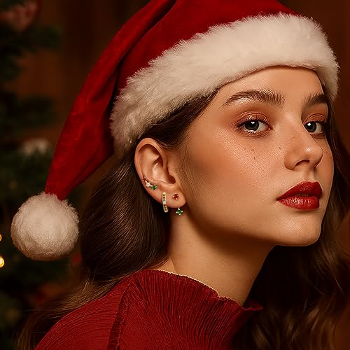 3 Pairs Dainty Small 4th of July Earrings for Women Trendy, Birthstone Stud Huggie Hoop Jacket Stack for Cartilage Helix, Gold Plated Hypoallergenic Cute Women Fashion Accessories Western Jewelry Gifts - color: Christmas Earrings(Gold Red White Green)
