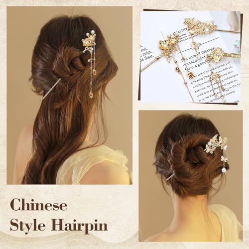10 Pack Retro Gold Metal Long Hair Sticks Pins with Pearl Jade Dangles Tassels Pendants Chinese Hanfu Asian Flower Butterfly Hair Chopsticks Hair Picks Bun Forks Holders Hairpins