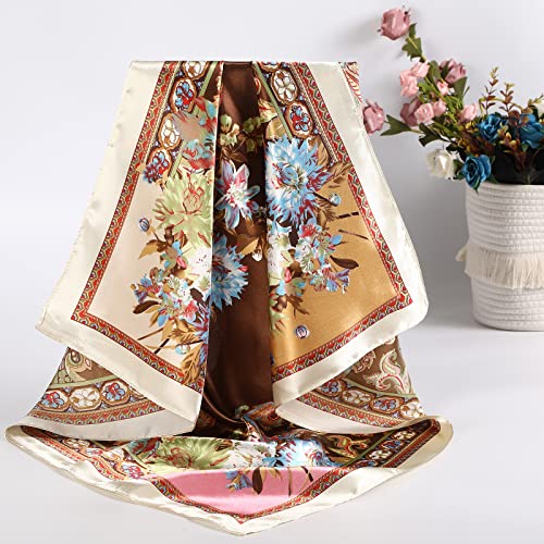 AWAYTR Satin Silk Scarf - Large Hair Bandana, Sleeping Wrap for Women - color: Cashew(beige+coffee)