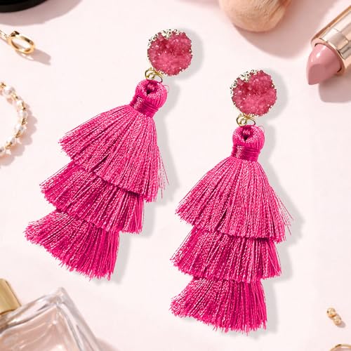 Tassel Earrings for Women - Colorful Layered Tassle Dangle Drop Earrings - color: Pink