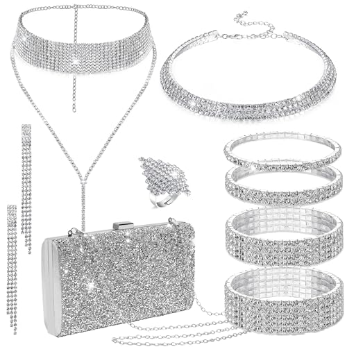 EIELO Rhinestone Jewelry Set for Women Wedding Bridal Triangle Clutch Bag Silvery Clutch Purse Glitter Choker Necklace Tennis Stretch Bracelets Ring Dangle Fringe Earrings Set - style: Sequins Handbag