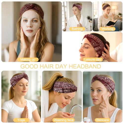 Artilady 6 Pack Boho Headbands for Women - Wide Bandana Headband Non Slip Stretchy Cheetah Paisley Print Turban Headwarp Twisted for Girls - color: Dark Patterned