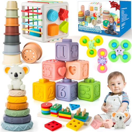 6-in-1 Baby Toys 6 to 12 Months, Montessori Toys for Babies 6-12-18 Months, Infant Teething Toy Stacking Blocks Rings Sensory Bin, Sorting Sensory Educational Learning Gift for Toddlers Aged 1-3 - size: 6 in 1