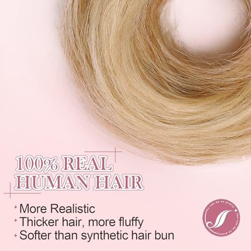 Messy Bun Hair Piece Real Human Hair Scrunchie Updo Extensions For Women Fake Buns Chignon Wig Thick Volume Heat Friendly Donut Ponytail Elastic Band AshBlonde/DarkBlonde - color: AshBlonde/DarkBlonde