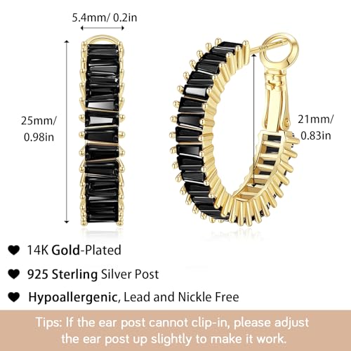 Trendy 14K Gold Plated Hoop Earrings for Women, Chunky Gold/Silver Earrings for Women Cubic Zirconia Baguette Hoop Earrings Heart Hoops Lightweight Hypoallergenic Jewelry,25mm/35mm/40mm/50mm - color: 01 Gold Black CZ Hoops 25mm