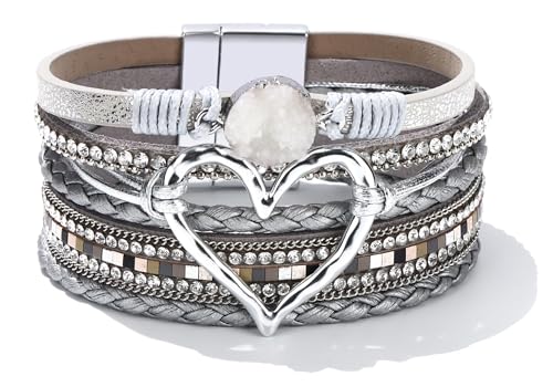 Long tiantian Leather Bracelets for Women Warp Bracelet Stackable Boho Layered Bracelet Chunky Heart Trendy Birthday Gifts for Her - color: A10：chunky bracelets for women(silver)