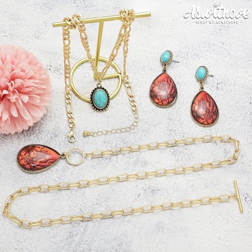 3 Pcs Western Turquoise Jewelry for Women Bohemian Set Cactus Turquoise Necklace Boho Dangle Earrings Country Concert Cowboy Chic Outfits for Women Jewelry Gifts Xmas Stocking Stuffers - color: Gold