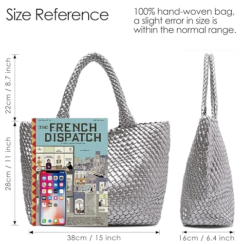 Handmade Woven Tote Bag for Women, Soft Vegan Leather Shoulder Bag with Purse, Large Travel Handbag - color: Silver