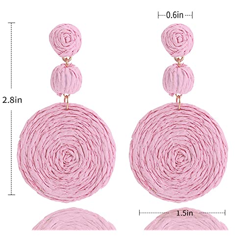 Lightweight Boho Thread Raffia Earrings for Women Handmade Braided Straw Wicker Lantern Ball Earrings Summer Beach Bohemian Geometric Earrings Holiday - color: pink big