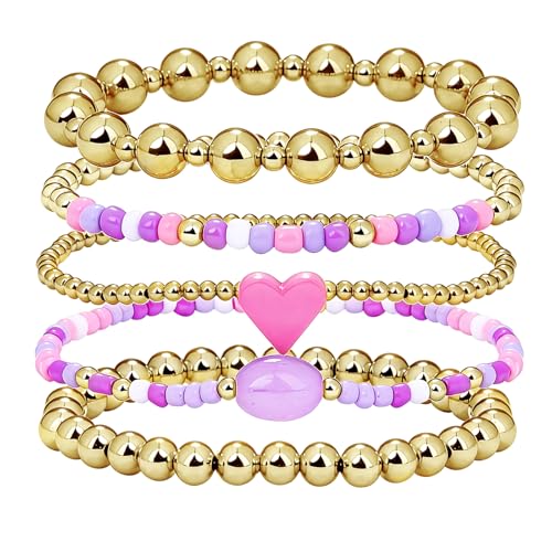 Gold Beaded Bracelets for Women: 14K Gold Bracelets for Women Trendy Dainty Gold Ball Bracelet Stack for Womens - Boho Stretch Bracelets Jewelry Sets with Cross Fashion Accessories Gifts for Women - style: Pink Heart