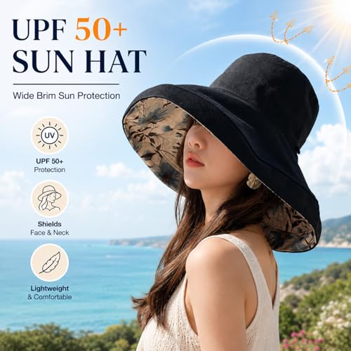 HUAMULAN Women Summer Sun Hat Wide Brim Wired Edge Floral Beach Bucket Hats Reversible Foldable Travel UV Protection Lady Hat - color: M2320-black