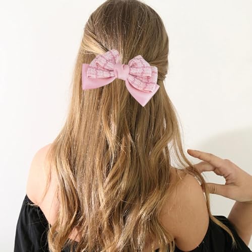 2Pcs Red & Pink Grid Velvet Big Bow Hair Clips for Women Girls, Cute Aesthetic No-Long-Tail Hair Barrettes for Daily Wear