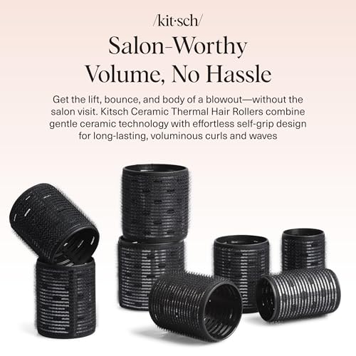 Kitsch Ceramic Hair Rollers for Women – Self-Grip Hair Curlers for Heatless Curl Overnight, Long-Lasting Frizz-Free Curls, Volumizing Large Rollers for All Hair Types – Black, 8 Count (Pack of 1)