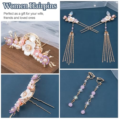 HINZIC 5pcs Flower Tassels Hairpin for Women, Non-Slip Rhinestone Pearl Clover Hair Clips Headpiece, Retro Chinese Hanfu Wedding Brides Hair Accessories for Long Hair - color: Gold