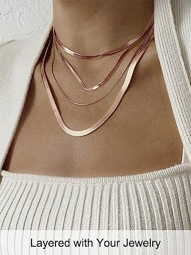 FOCALOOK 14K Gold Plated Necklaces for Women, Fashion Herringbone Choker Necklace Stainless Steel Flat Snake Chain 3/5MM(W) 12.5"/15"/18"+3.5"(L) - color: 5MM-Rose Gold-18"