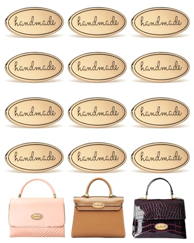 12PCS Handmade Tags, Alloy Handmade Labels with Shims Colorful Alloy Hand Made Signs Oval Knitting Sewing Labels for Bags, Hats, Clothing, Handmade Items, Crochet Supplies (Gold)