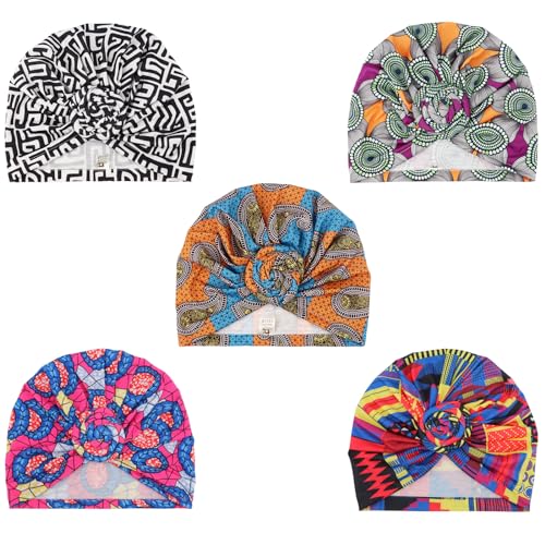 DRESHOW 5 Pack Knotted Headwraps for Women African Turban Pre-Knotted Beanie Headwraps Hair Covers - color: 5 Pack Knotted: Ornate Fantasy
