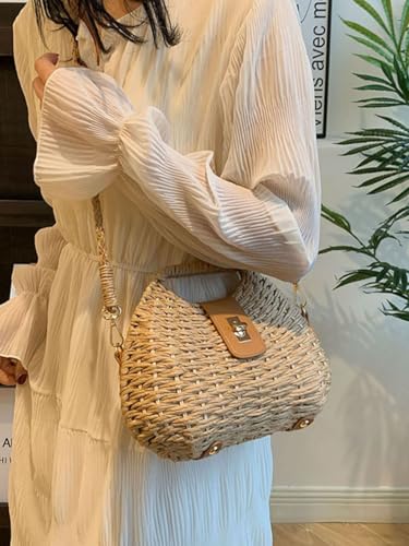 Handmade Straw Woven Bag Beach Clutch Purses Women Vacation Shell Shoulder Crossbody Summer Dumpling Handbag Basket Tote - color: A-khaki