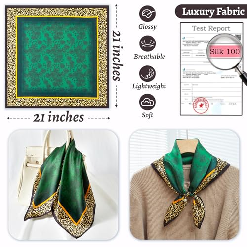 100% Mulberry Silk Neck Scarf 21''x21'' Small Square Hair Scarf for Women Men Lightweight Bandana Envelope Package - color: Leopard Print- Green