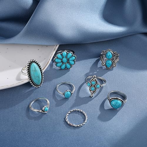 Bohemian Turquoise Ring for Women Stackable Vintage Chunky Boho Turquoise Ring Set Dainty Open Gemstone Knuckle Midi Finger Rings Western Statement Rings Jewelry - style: eight ring