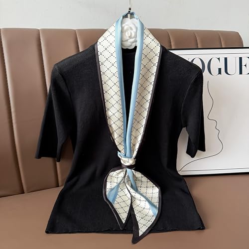 Hair Scarf for Women - 53"x5.3" Purse Scarf, Extra Long Satin Wrap, Versatile Belt & Boho Neck Accessory - color: Navy Blue Stripe