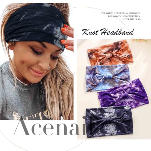 Acenail Wide Boho Headbands Turban Knotted HeadbandStretch Non Slip Hairbands Workout Head Wraps Yoga Head Scarfs Fashion Hair Accessories for Women 4Pcs - color: Tie Dye
