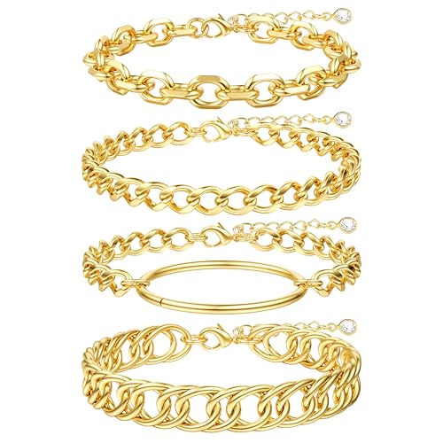 TEN MIRO 16k Chunky Gold Plated Bracelets for Women Non Tarnish, Womens Gold Plated Bracelets Stack Layered Chunky Chain Bracelets Waterproof Bangle Cuff Bracelet Mothers' Day Jewelry Gifts