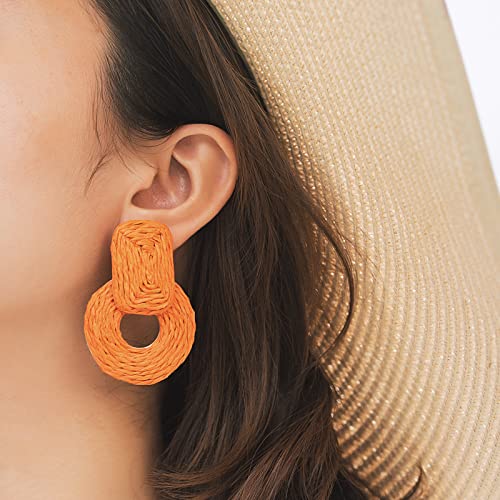 Statement Raffia Earrings Cute Boho Earrings Rattan Dangle Earrings Handmade Straw Wrap Earrings Summer Drop Dangling Earrings for Women Teen Girls - color: Orange