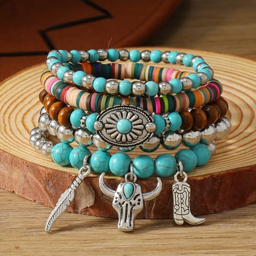 Western Turquoise Beaded Bracelet Stack - Vintage Cowgirl Stretch Set with Bull Skull, Feather & Boot Charms, Handmade Boho Jewelry for Rodeo, Country Concerts & Casual Western Outfits - style: Cow