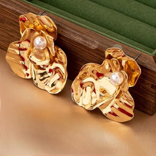 Chunky Large Gold Flower Stud Earring for Women Statement, Boho Big Red Irregular Floral Pearl Earrings Trendy Y2K Prom Party Jewelry Accessories Gift - color: Gold