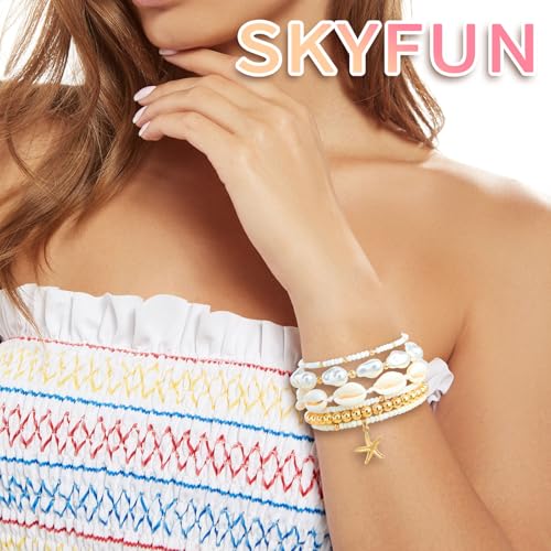 Beach Bracelets for Women Bohemian Stackable Heishi Surfer Bracelet Set Elastic Seashell Starfish Boho Friendship Bracelets for Summer Beach Party Holiday Vacation Jewelry - color: 7PCS-Gold Starfish/Big Pearl
