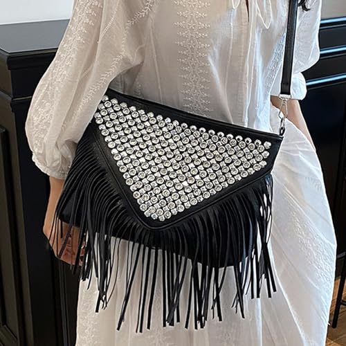 Hoce Women’s Leather Fringe Messenger Bag Large Hobo Crossbody Tassel Shoulder Bags, Gift for Mom Wife Girlfriend - color: Cc-black