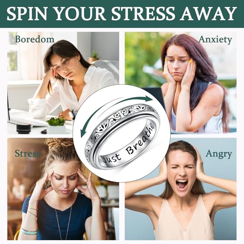 Ladytree Spinner Fidget Ring Sterling Silver Thumb Band for Women Anxiety Ring Platinum Plated Worry Stress Relief Just Breathe Boredom ADHD Autism Rings Boho Jewelry Gift - color: P-lotus just breathe