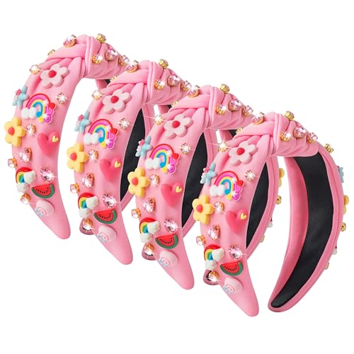 PANTIDE 4Pcs Floral Jeweled Knotted Headband - Rainbow Rhinestone Crystal Embellished Headband Wide Top Knot Fashion Hairband Hair Accessories Summer Birthday Back To School Gift for Women Girl (Pink) - color: Pink Floral 4Pcs