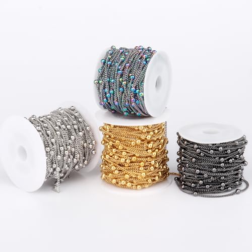 33 Feet Gunmetal Satellite Bead Chains, 2mm 304 Stainless Steel Black Ball Beaded Twisted Curb Chains Spool Bulk for Jewelry Making DIY Craft - color: Black Big Beads Satellite Curb Chain